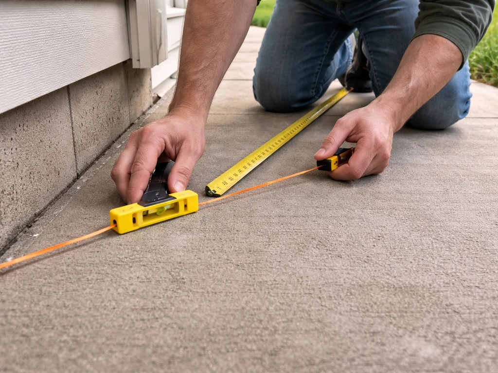 Homeowner measuring patio slope with a level and tape near the house, showing high-to-low direction