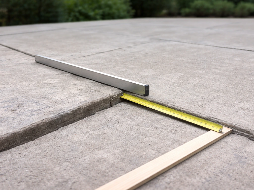 Close-up of measuring tape and straightedge on a concrete patio showing a clear slope for drainage.