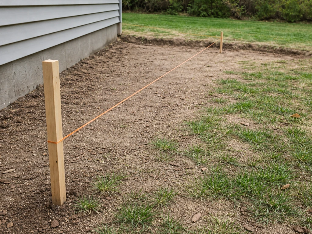 DIY yard grading check with two stakes at house and patio edge, string line level between them