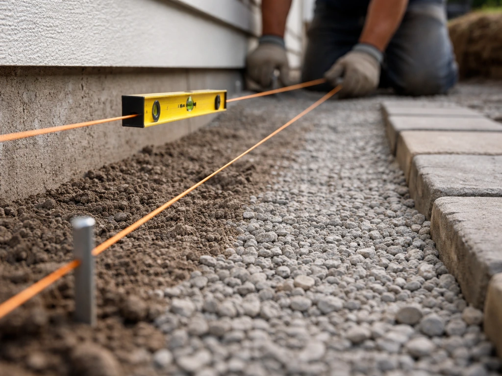 Worker setting paver slope with parallel string lines and a line level near a house