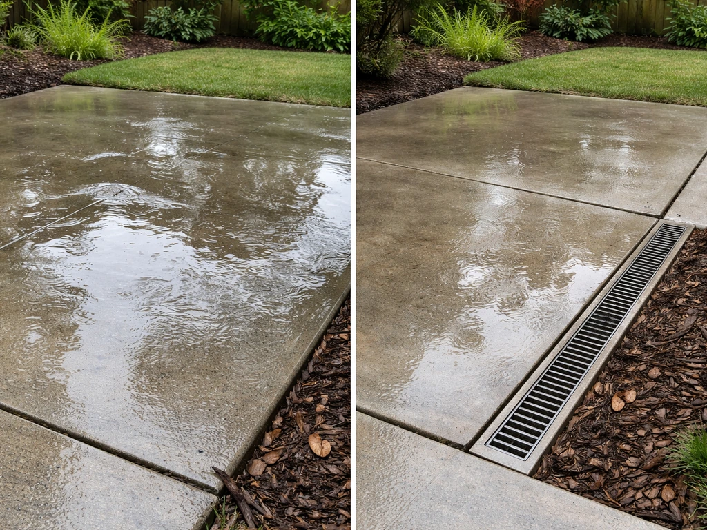 Patio puddles after heavy rain on a flat slab; close view shows improved slope and drainage channel