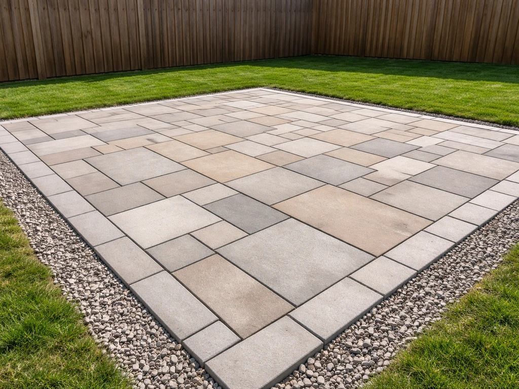 Finished DIY backyard patio with patterned pavers and clean edging in natural light.