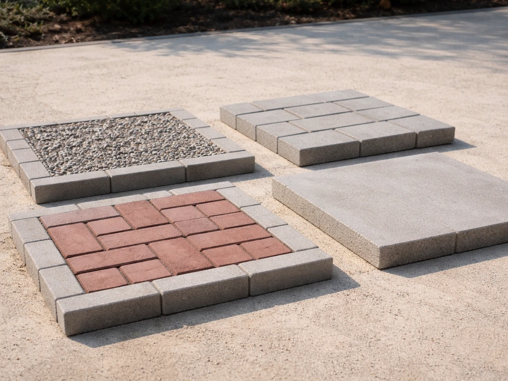 Four DIY patio material samples—gravel, pavers, brick, and poured concrete—laid out side by side.