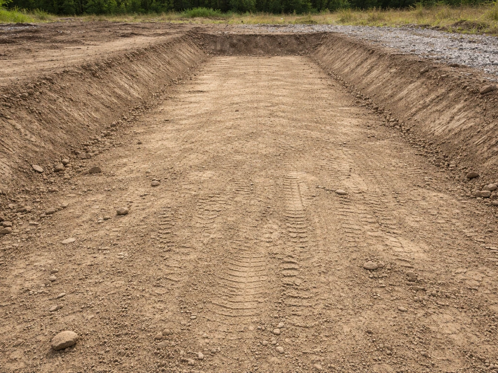 Graded trench site with compacted subgrade and visible slope for drainage.