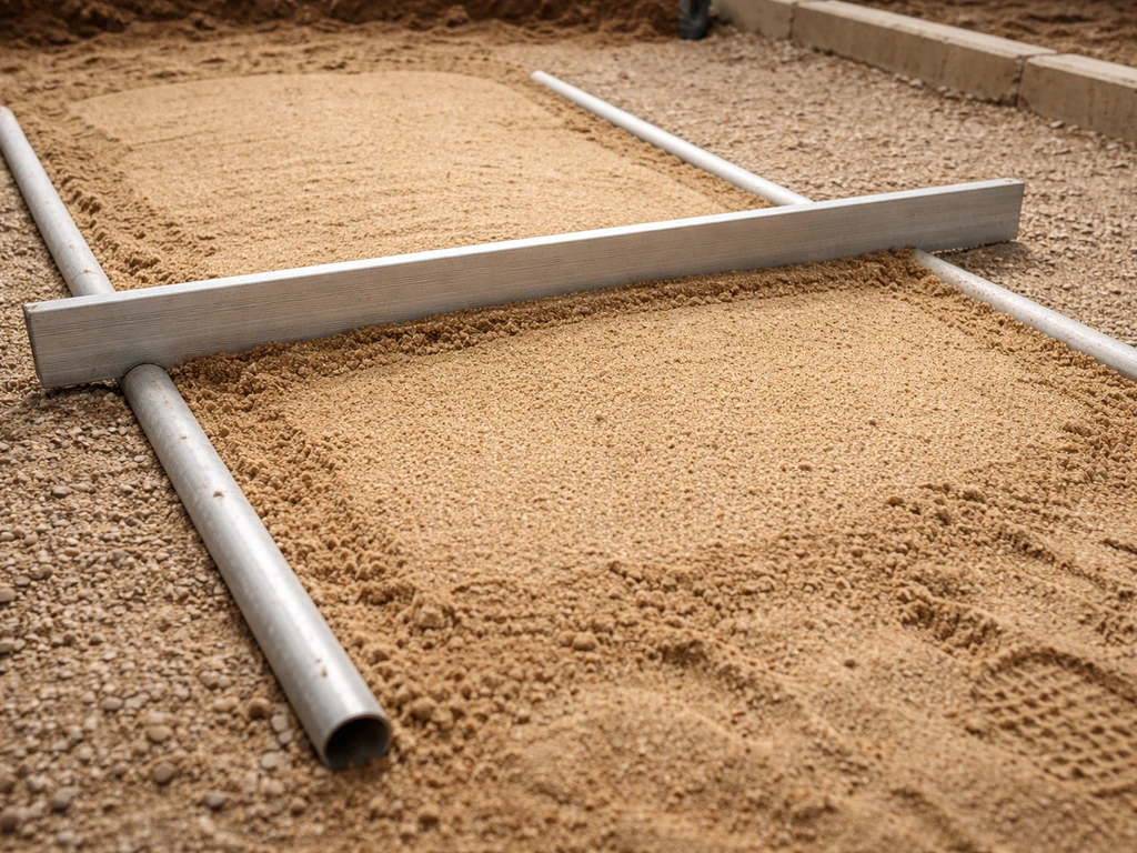 Close-up of two screed pipes with sand being leveled using a straight screed board for paver prep.