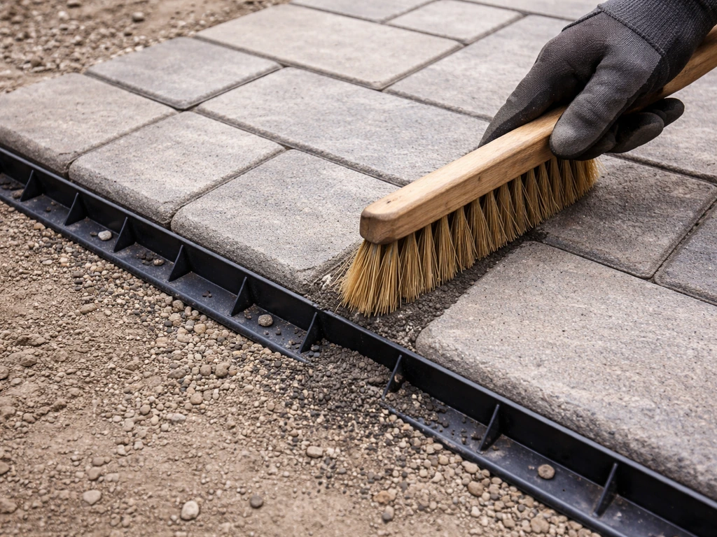Close-up of pavers with rigid plastic edging and polymeric sand joints being swept smooth