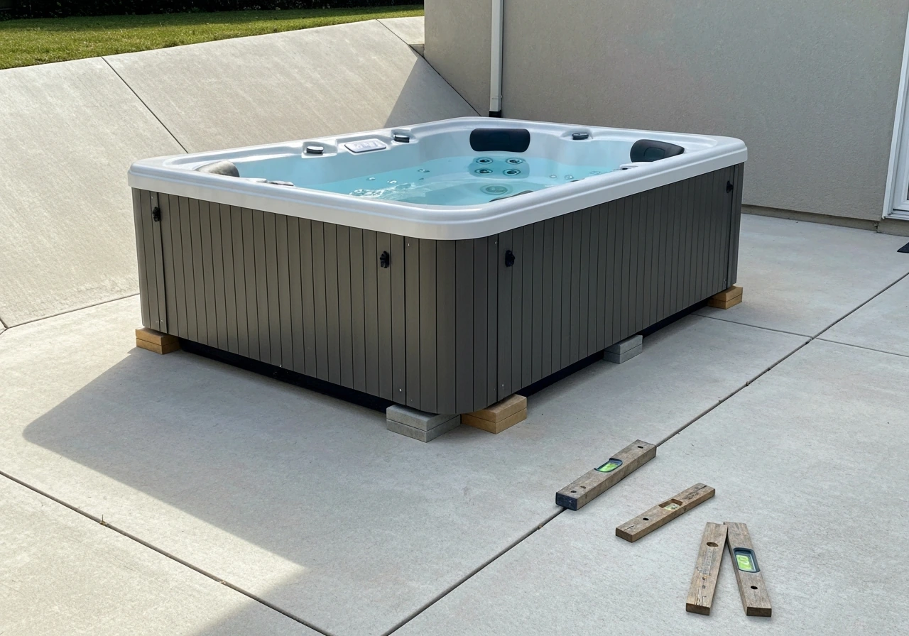 Hot tub set on a sloped concrete patio with level pads beneath, outdoors DIY leveling feel.
