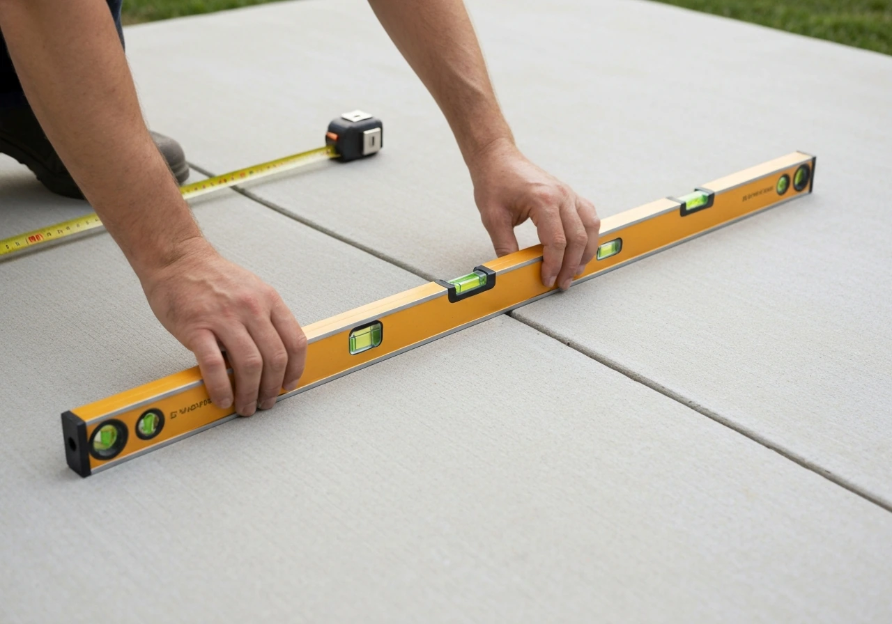 Hands use a long carpenter level on concrete while a tape measure lies nearby for patio slope checking.