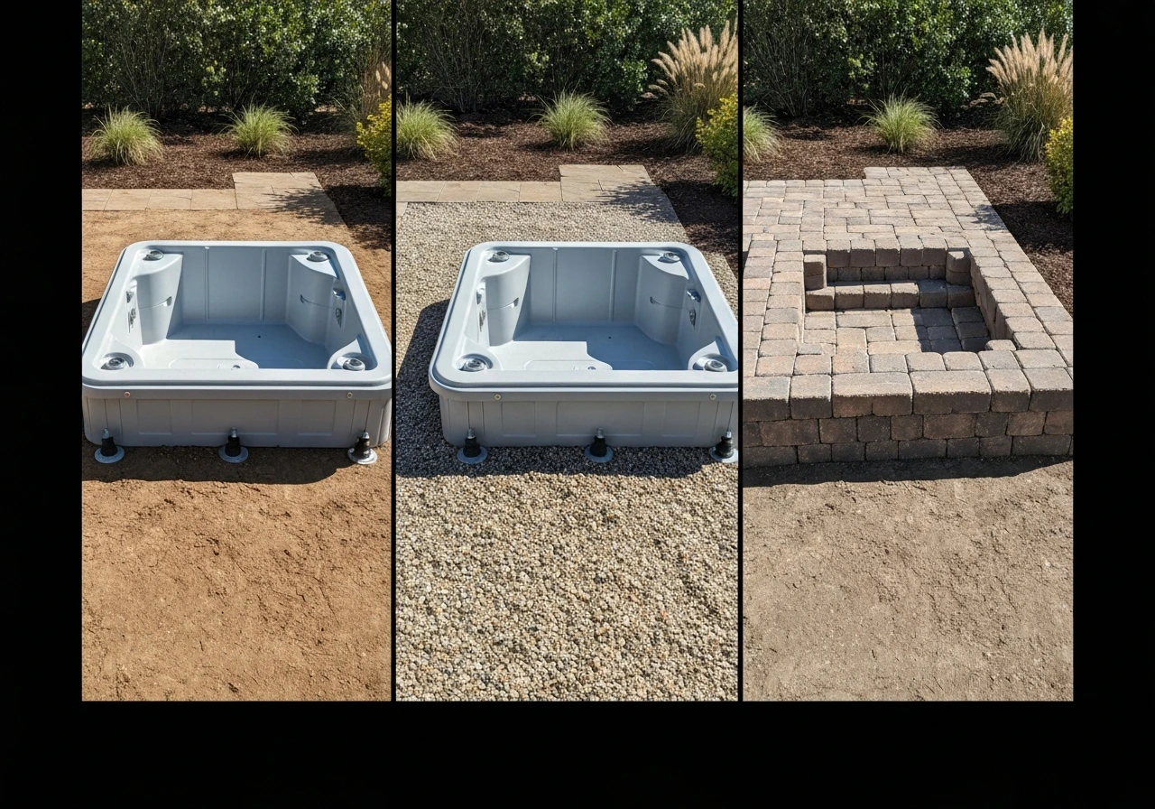 Three side-by-side hot tub leveling setups: leveling feet, pea gravel bed, and paver platform.