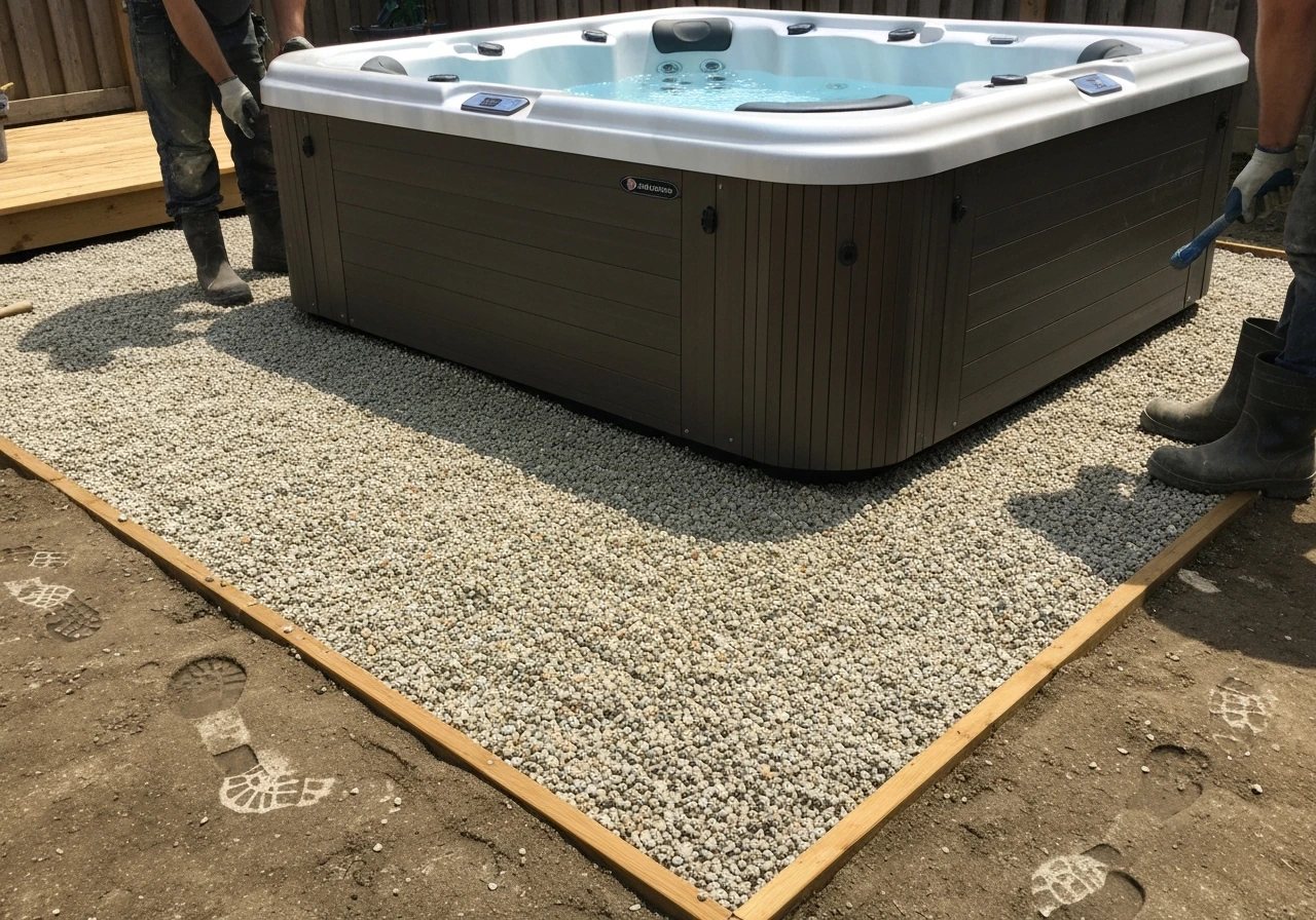 Hot tub supported on newly packed pea gravel as gravel is leveled under the spa