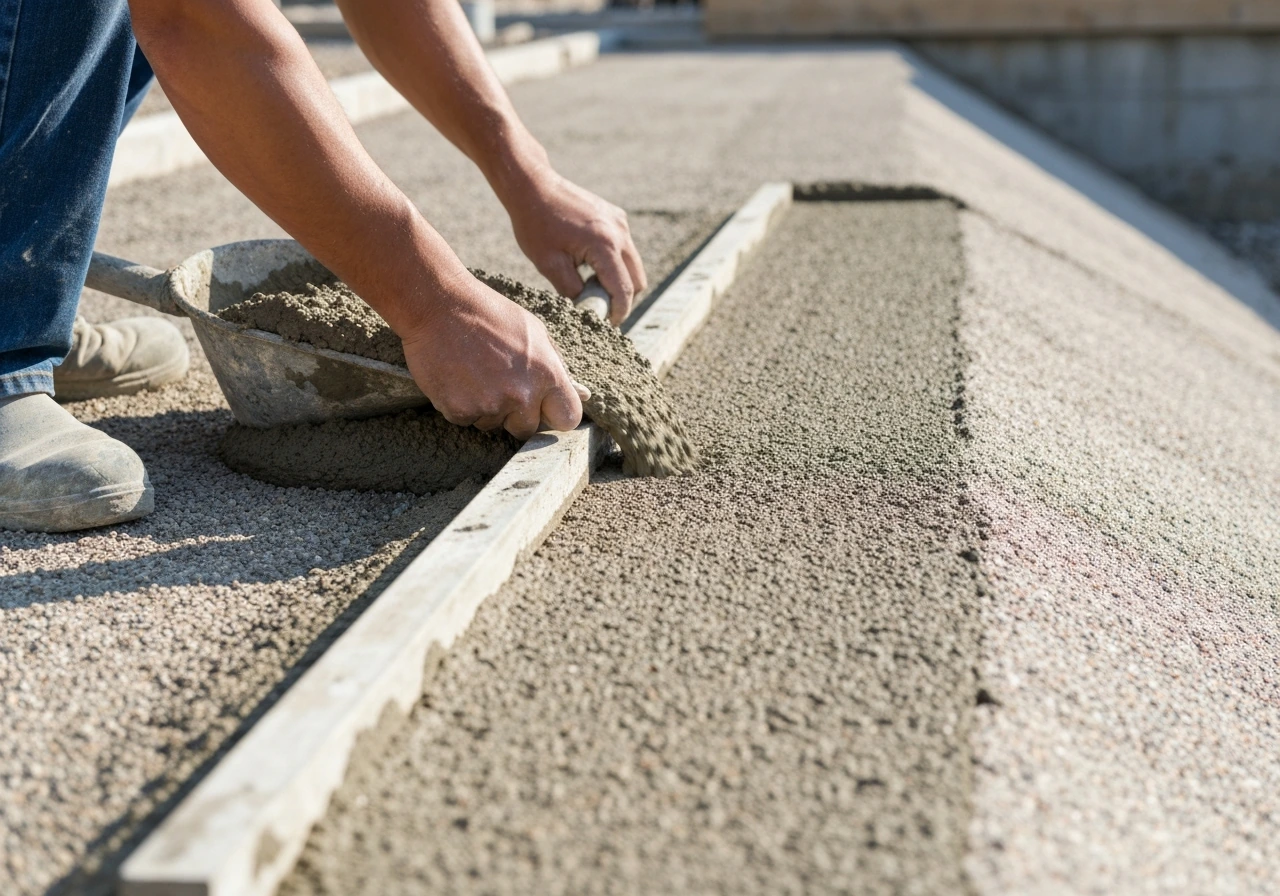 Dry-pack sand-cement mortar bed poured and screeded level with a straightedge on a sloped site