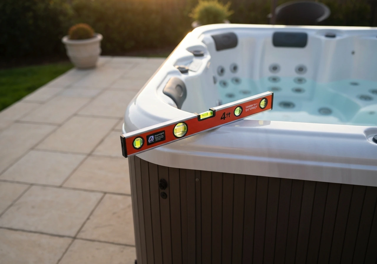 A 4-foot level rests on a hot tub’s top rail at different spots during leveling verification
