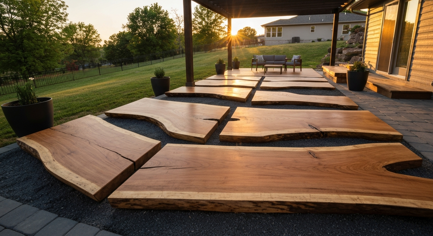 Finished live-edge wood patio with large slabs, natural bark edges, and epoxy-filled voids under a pergola.