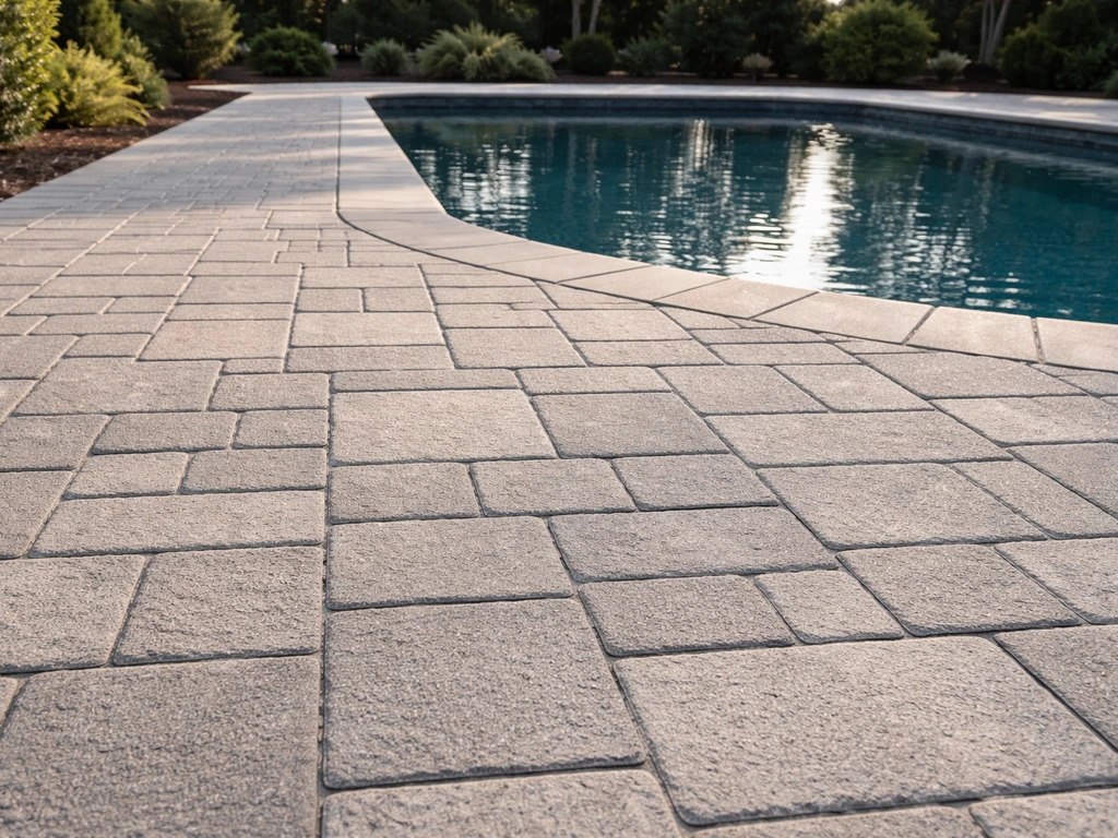 Completed slip-safe pool patio with textured pavers beside the pool, clean edging and safe walkway.