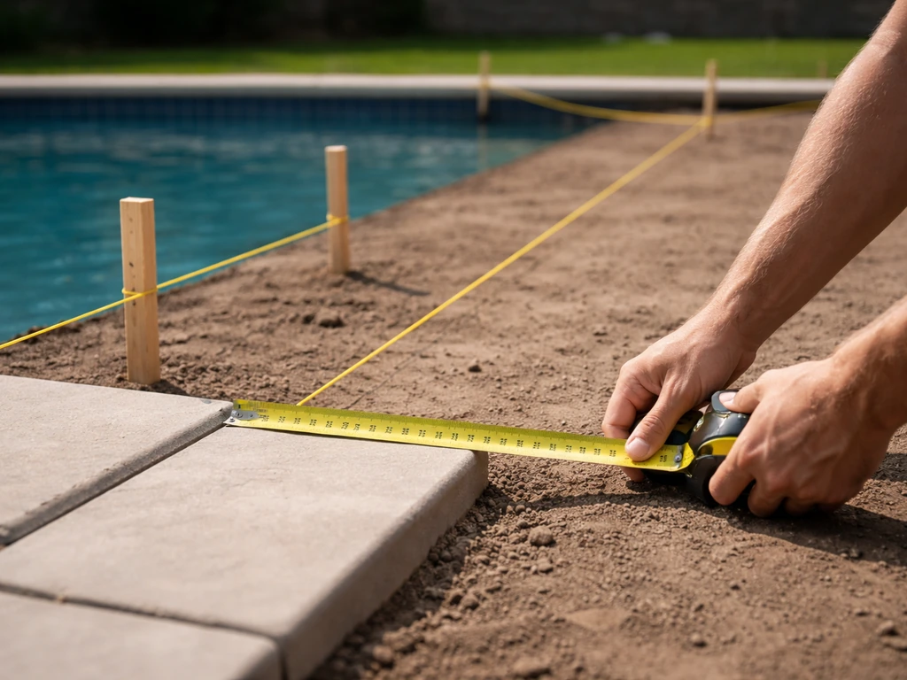 Hands use a tape measure while stakes and mason’s line trace a pool patio layout in a backyard.