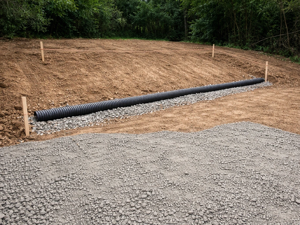 Excavated backyard site prep showing drainage slope, perforated drain line, and base material