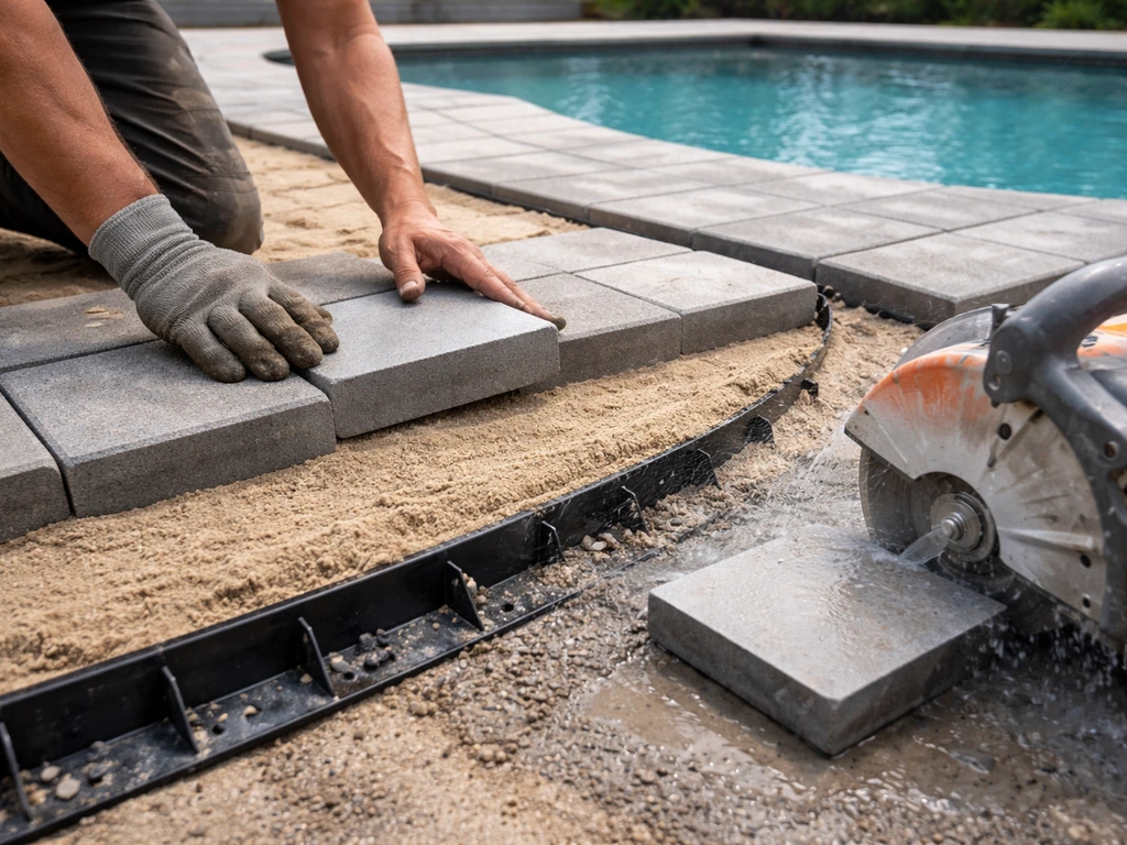 Contractor placing concrete pavers over a sand bed near a pool edge, using a wet diamond saw for cutting.