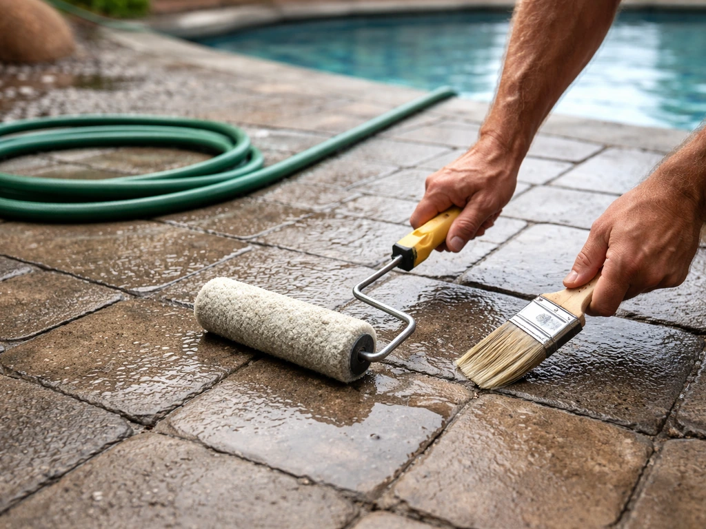 Hands roller-applying penetrating sealer on textured pool patio pavers with wet stone and hose nearby.