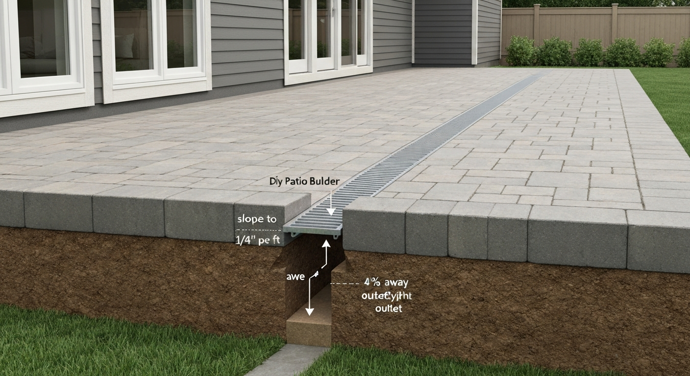 Patio with gentle slope away from house and a linear channel drain with cutaway showing buried outlet pipe, annotated with slope and flow direction