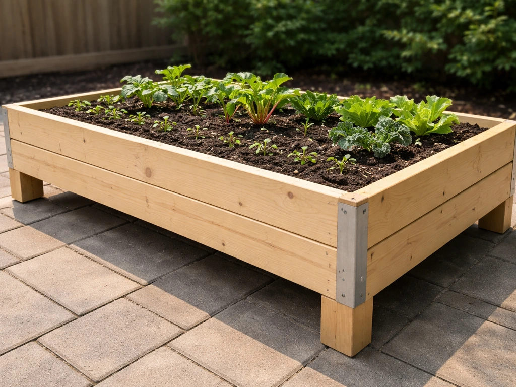 Elevated raised garden bed on a patio with visible wooden frame and healthy green plants.