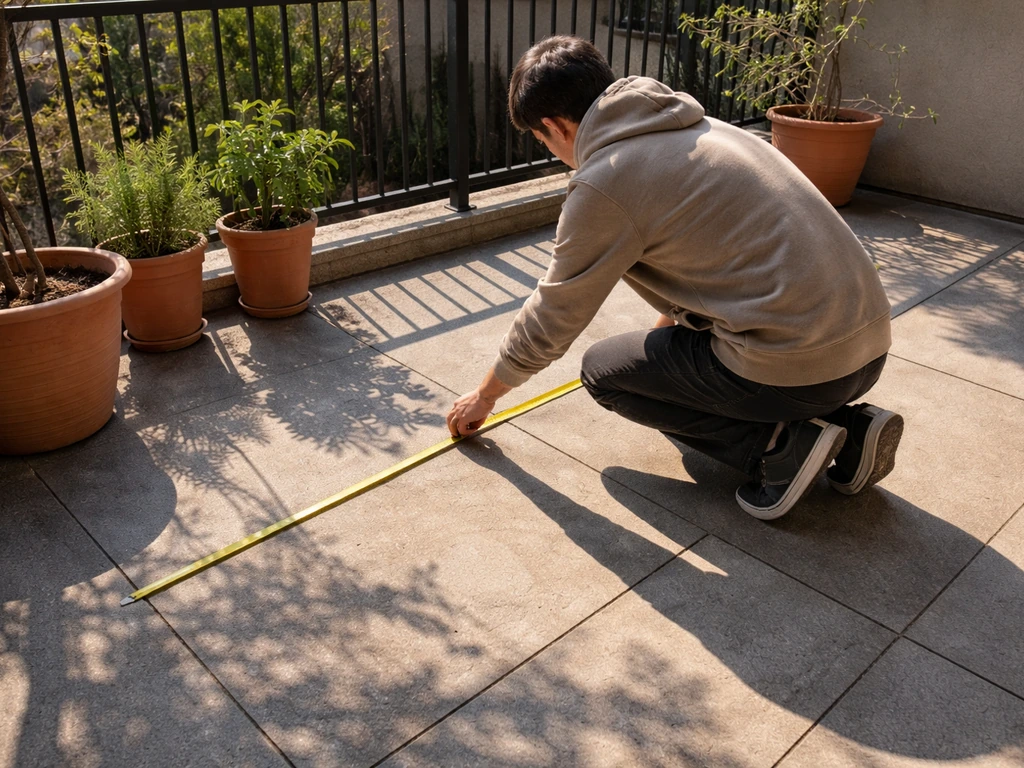 Person measuring sunlight reach on a patio with a tape measure near potted plants.