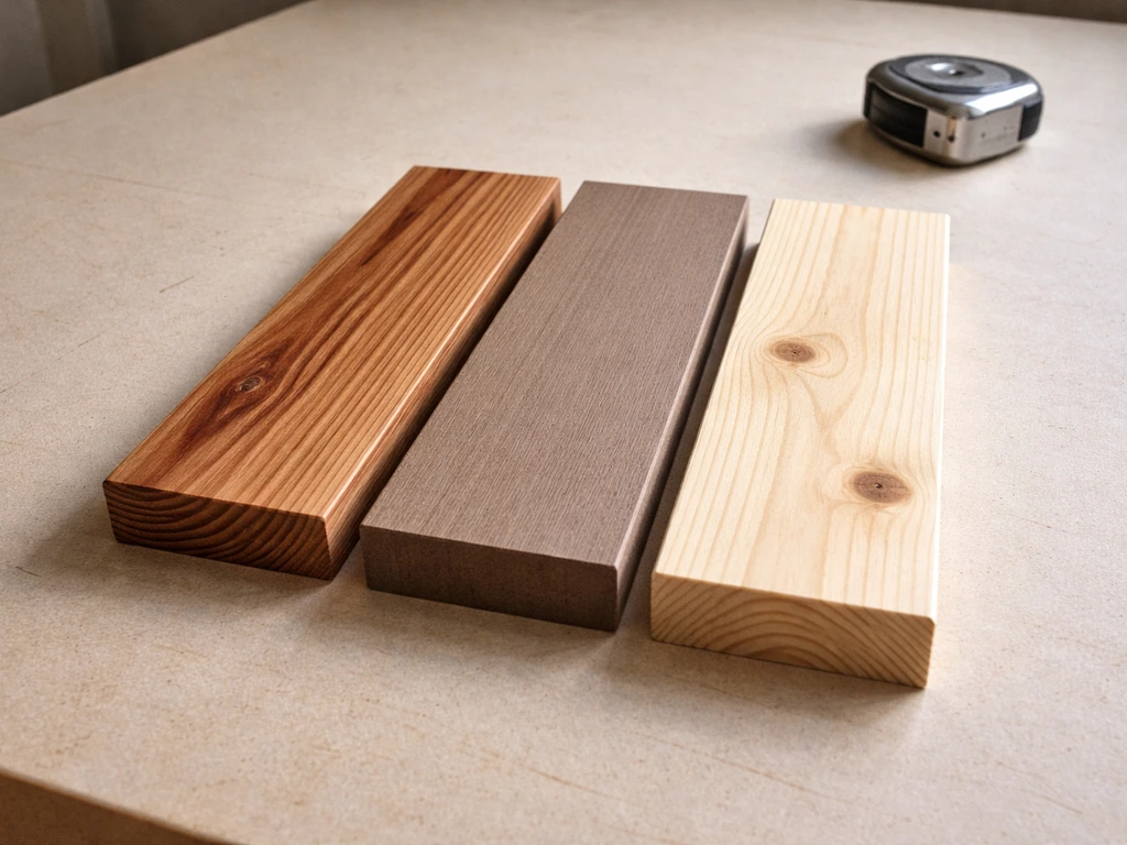 Side-by-side close-up of cedar, composite lumber, and untreated pine/Douglas fir samples on a workbench.