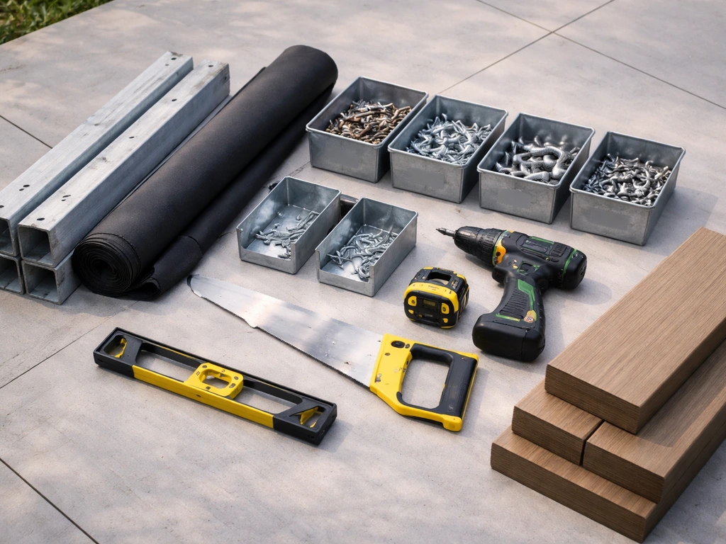 Neatly arranged patio tools and building materials for a corner-post project, ready for assembly