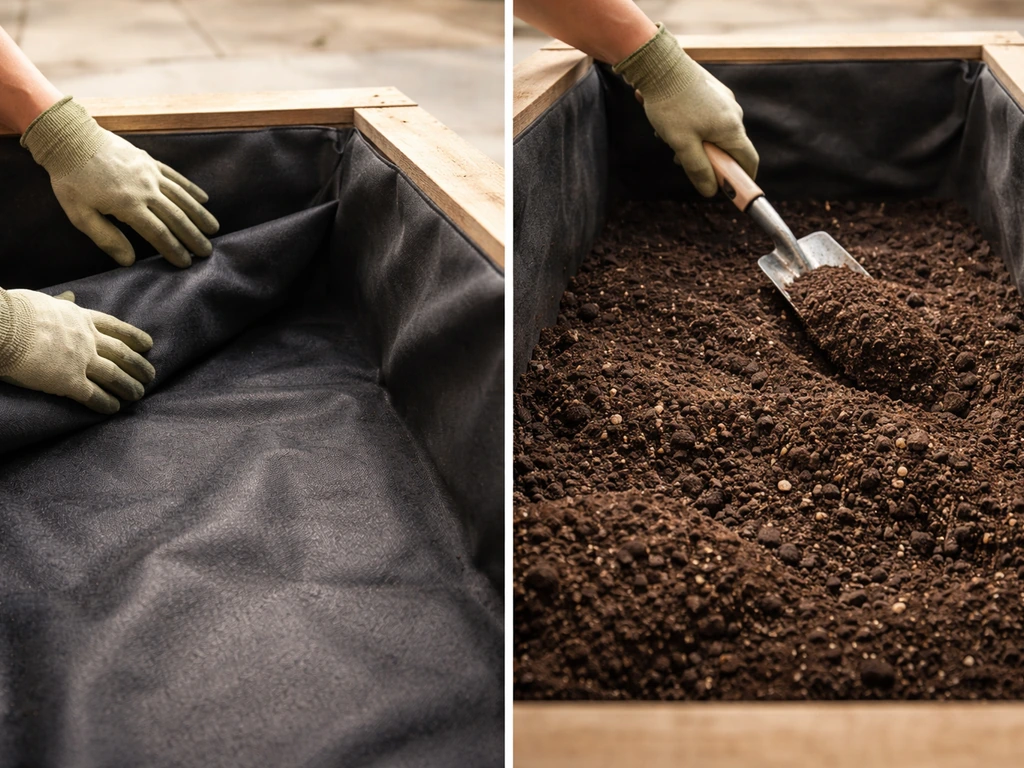 Hands lining a patio raised bed interior and layering dark soil mix for healthy roots