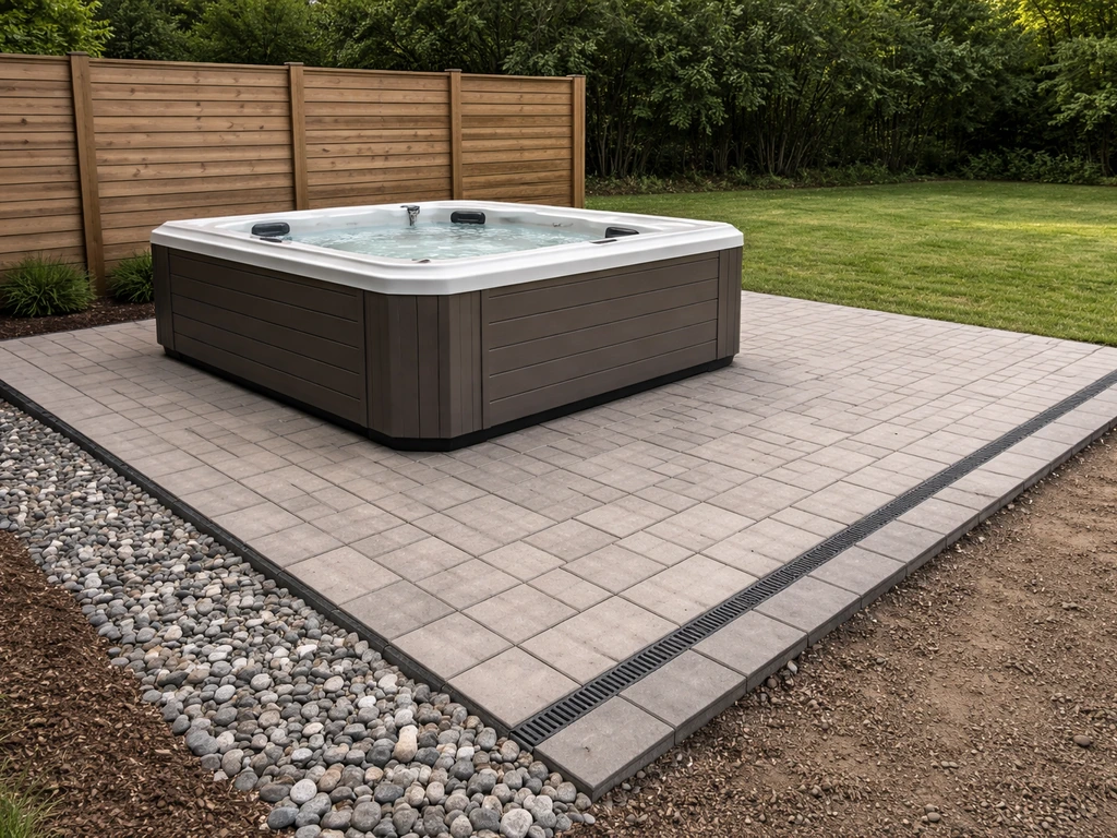 Hot tub sits on a finished, reinforced patio with clean edges and visible drainage slope