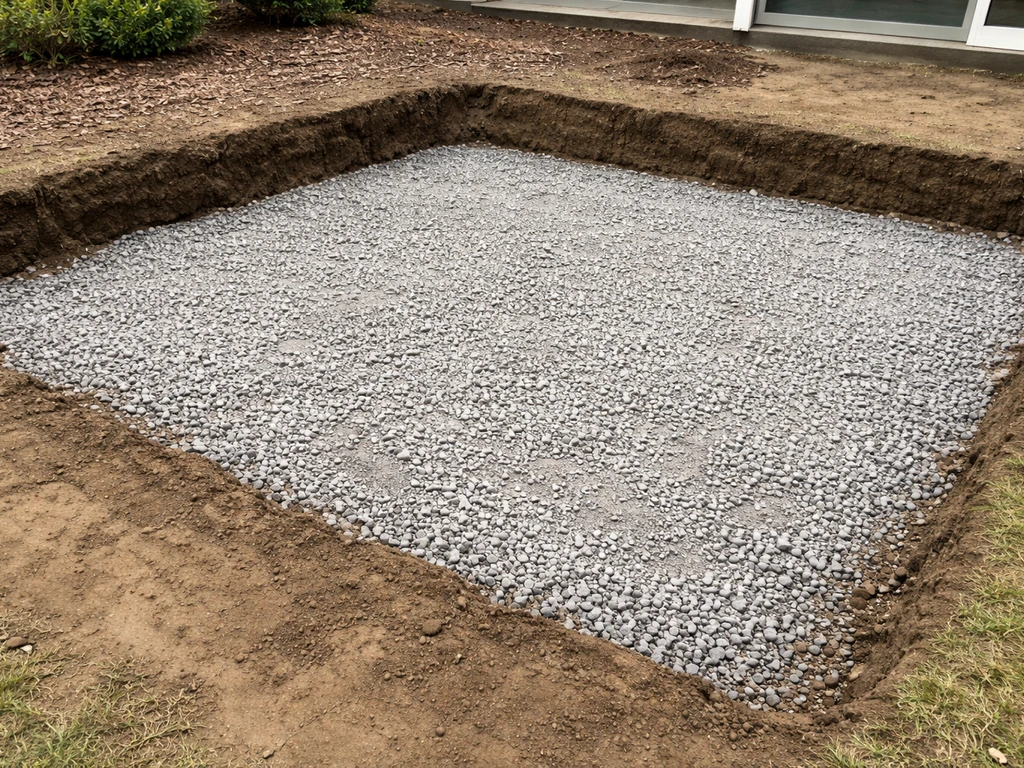 Excavated patio site with compacted soil and a freshly leveled gravel base layer ready for a hot tub pad.
