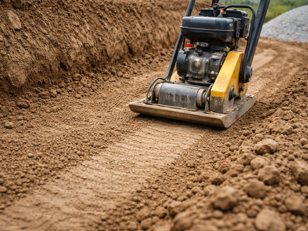 Plate compactor compressing excavated subgrade on a simple drainage slope of prepared soil.