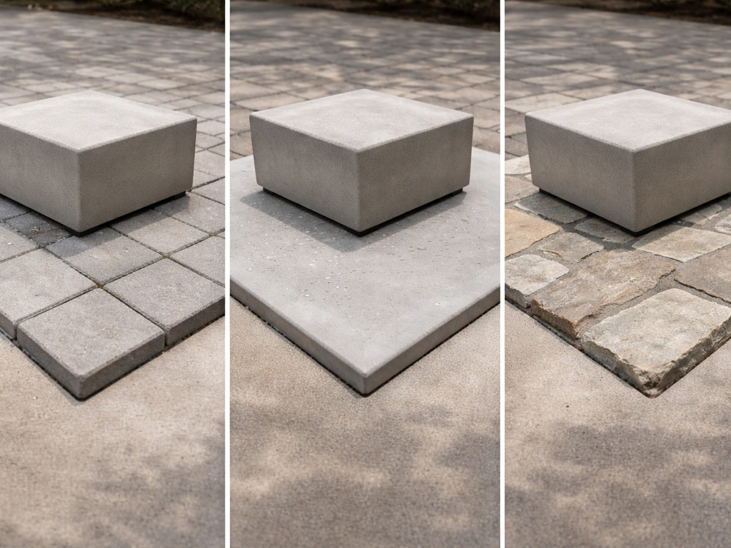 Outdoor photo showing pavers, poured concrete, and mortared stone samples with a weight block on each.