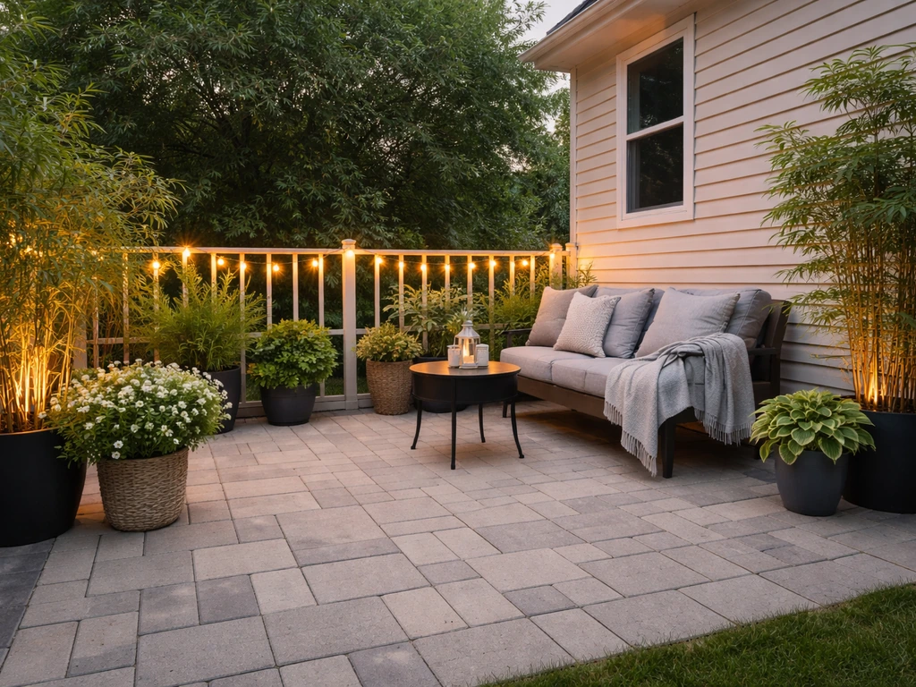Sunny patio with refreshed pavers, string lights, cozy seating, and potted plants in a simple DIY makeover