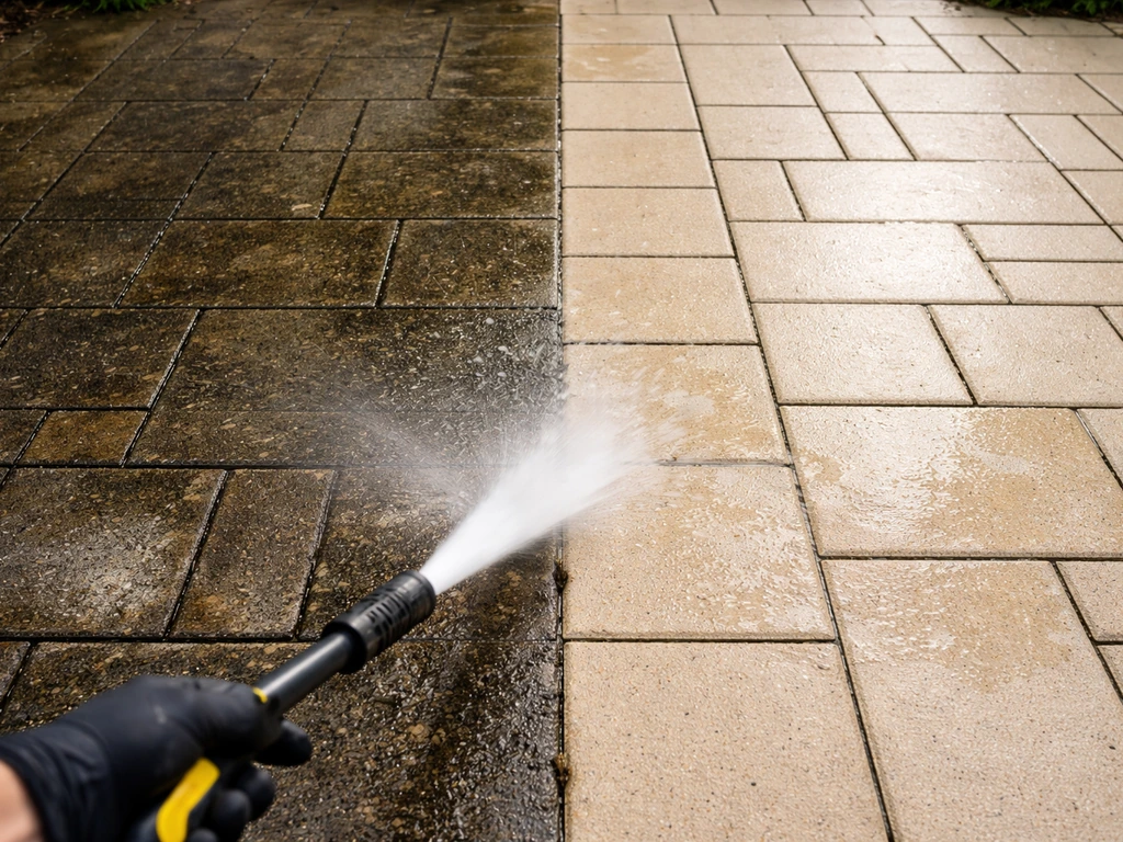 Pressure washer blasting grime off patio pavers, showing dramatic clean-to-dirty contrast