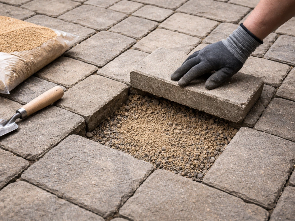Gloved hands leveling bedding sand under a lifted paver on an outdoor patio.