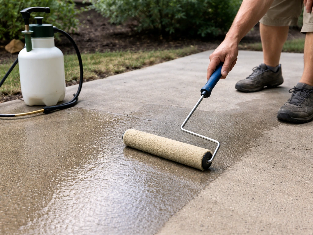 Hands rolling penetrating sealer on bare concrete patio, wet sheen transitioning to dry matte.