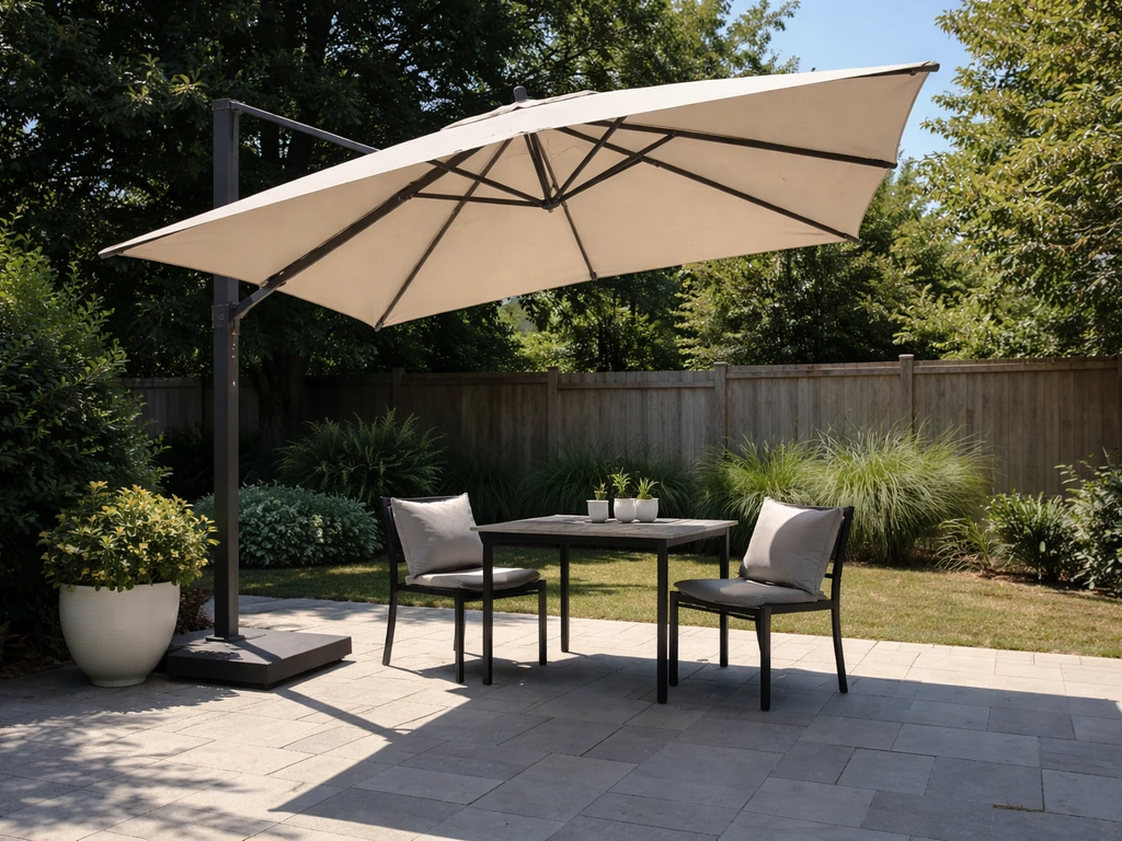 Offset cantilever umbrella shading a simple patio dining set on a sunny day
