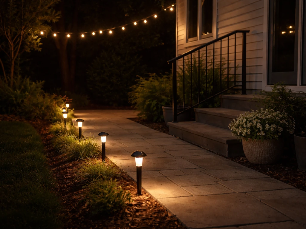 Warm solar stake lights and string lights glow along a quiet patio walkway at night