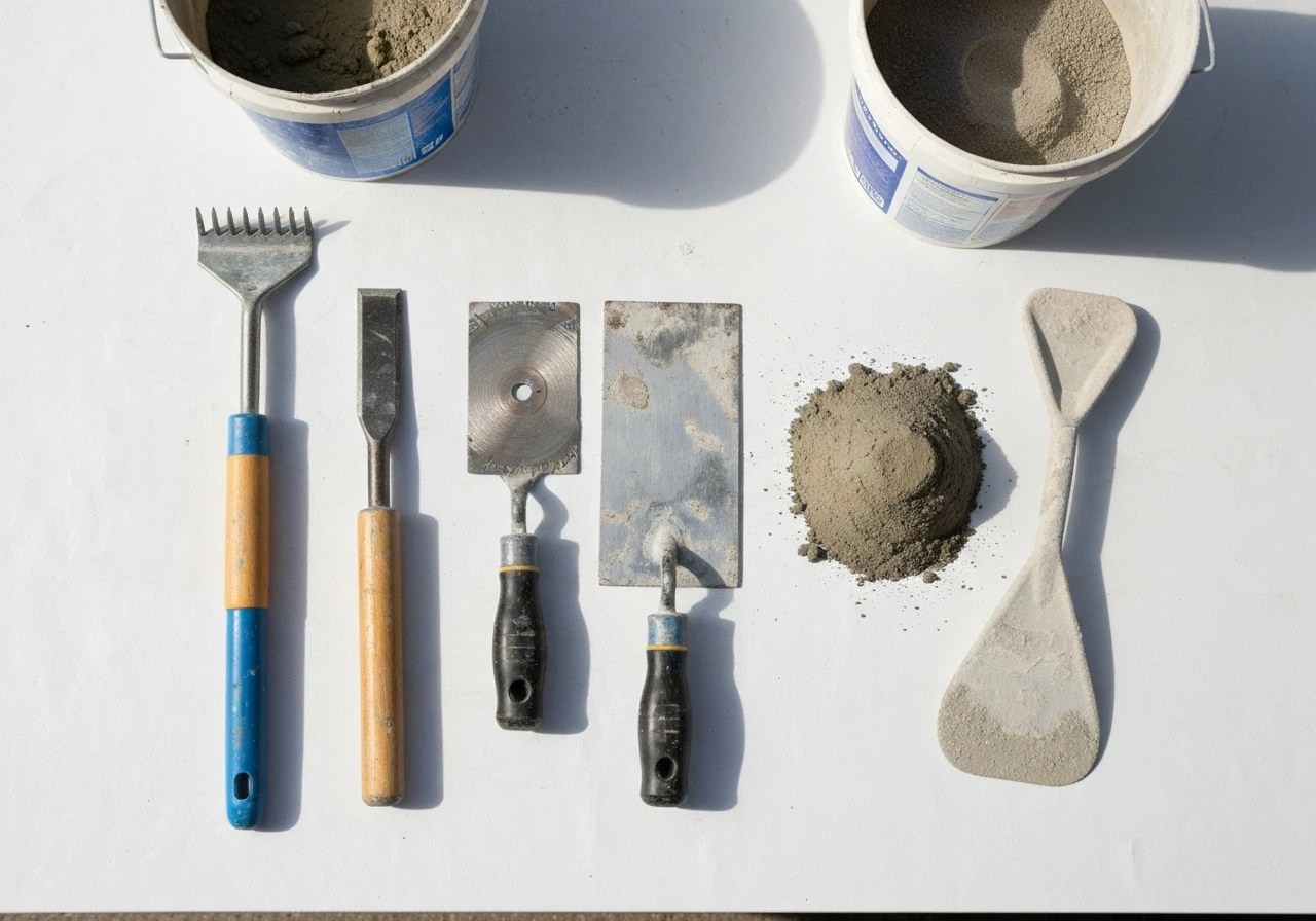 Flat-lay of repointing tools and mortar/polymeric sand, including trowel, chisel, raker, blade, and buckets.