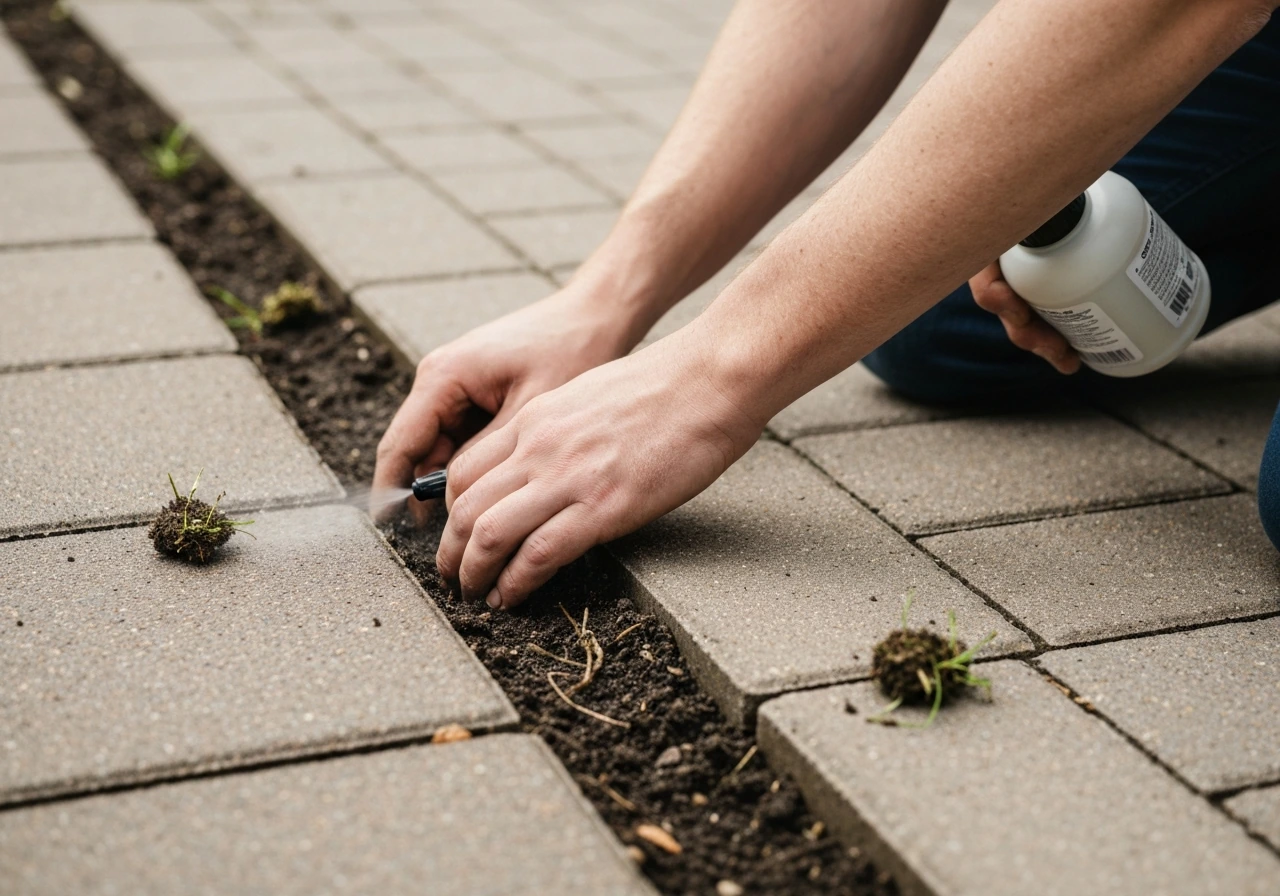 Anonymous hands pull weeds from patio paver joints while mist from a small sprayer treats them.