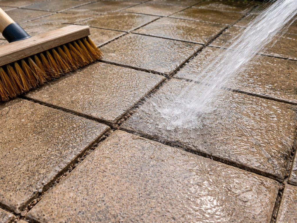 Close-up of patio paver joints being brushed clean and rinsed with hose spray.