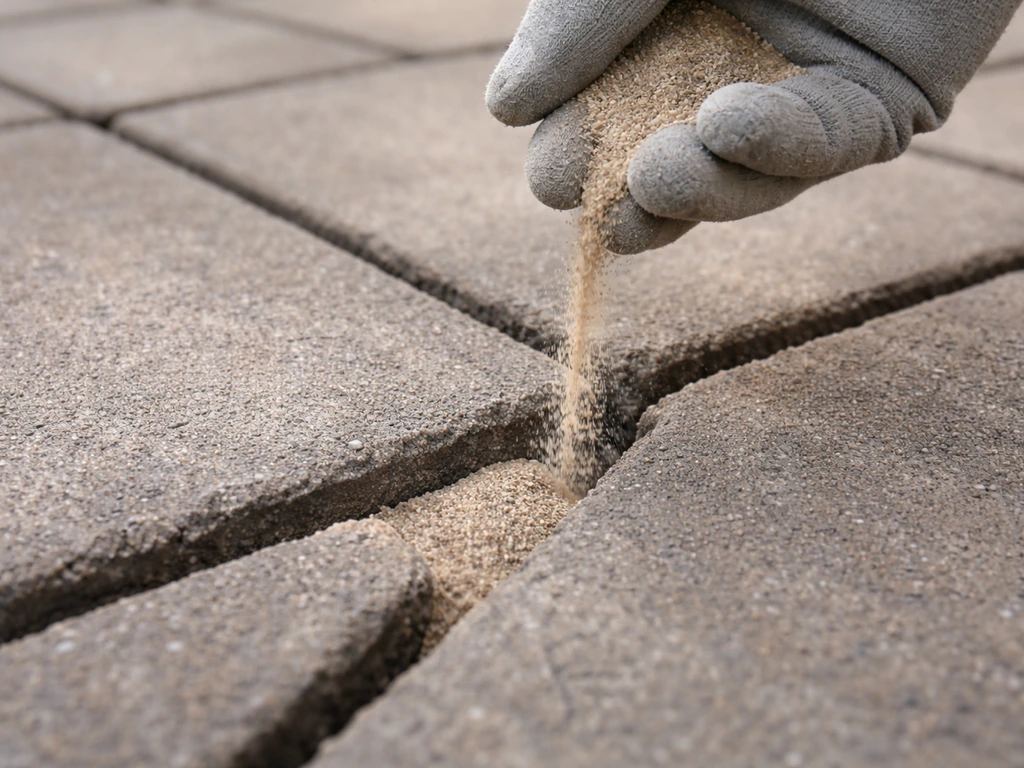Polymeric jointing sand being poured into dry joints between concrete pavers, filling the gaps.
