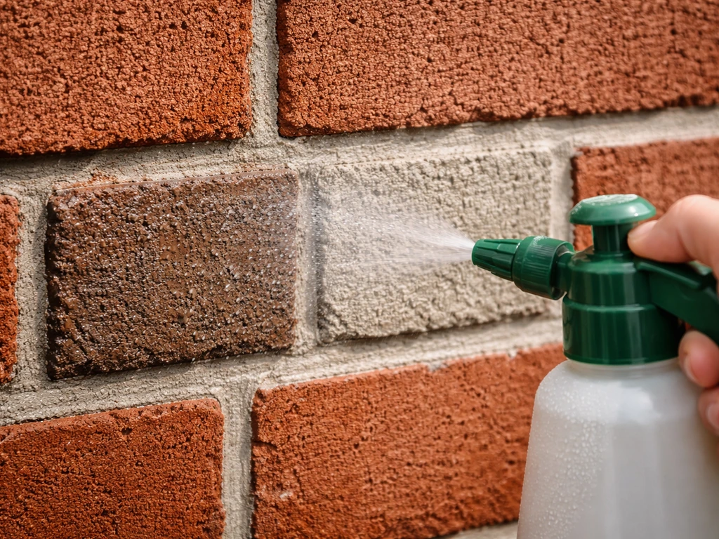 Close-up of freshly repointed brick mortar joints being gently misted to keep them moist while curing.