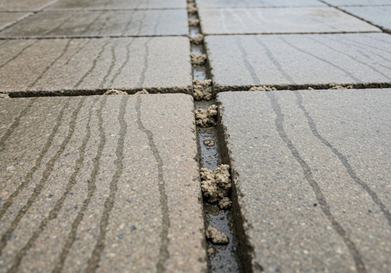 Close-up of stone paving with polymeric sand joints washed out, showing gaps and small channels from rain