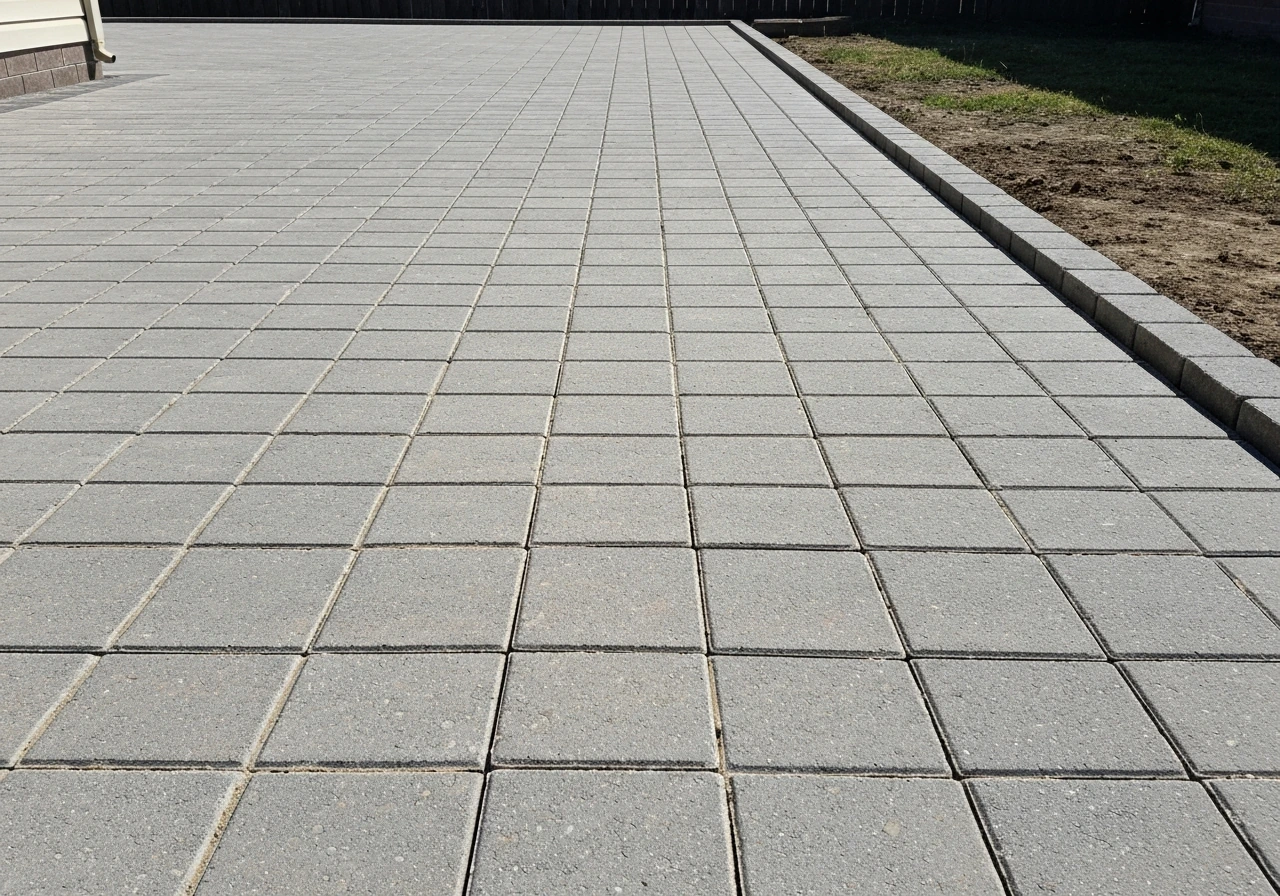 Clean, level DIY patio floor with concrete pavers, visible texture, and neat edge spacing in daylight.