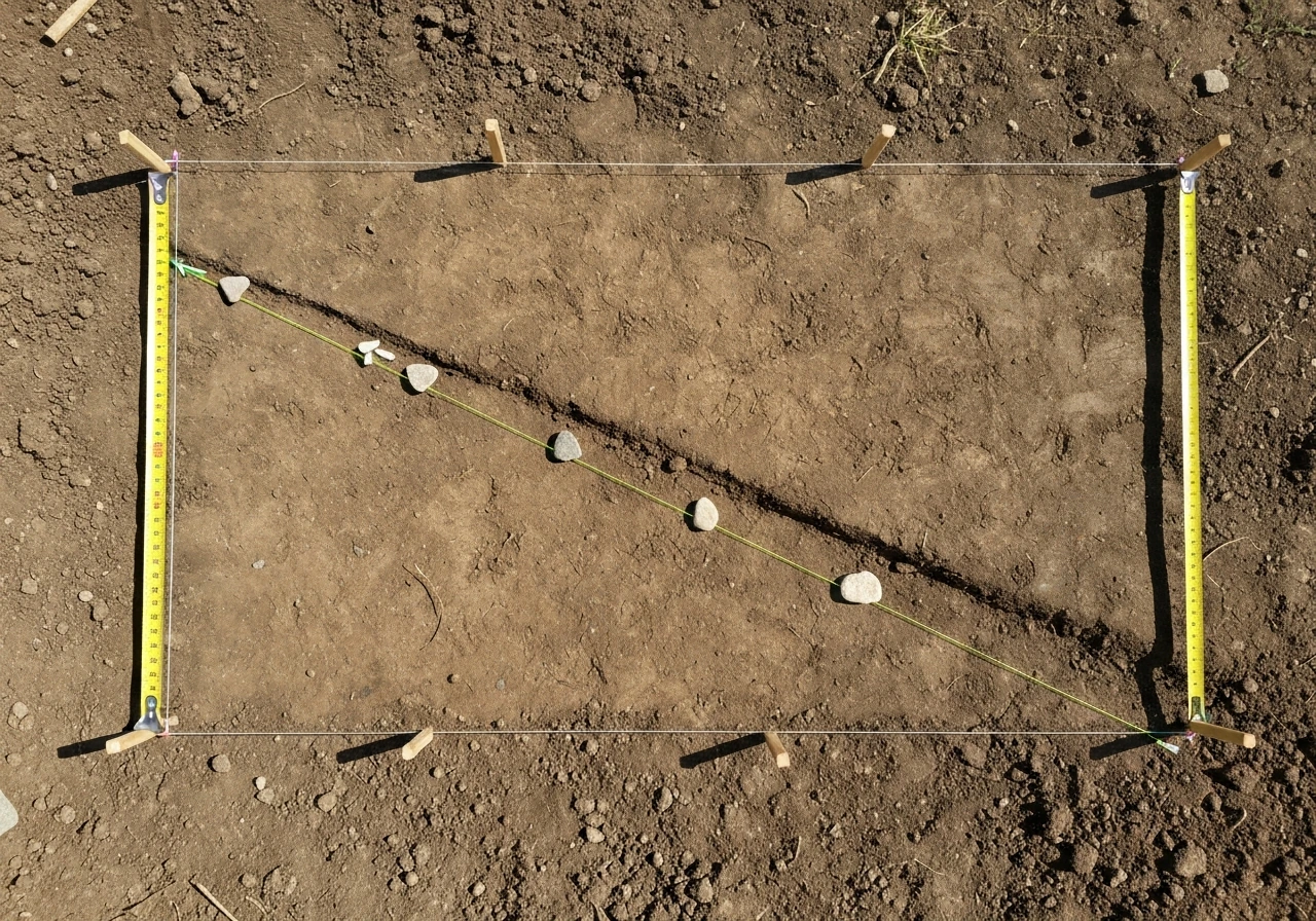 Overhead view of a DIY patio layout with stakes, mason’s line, slope marker, and tape measure on dirt ground.