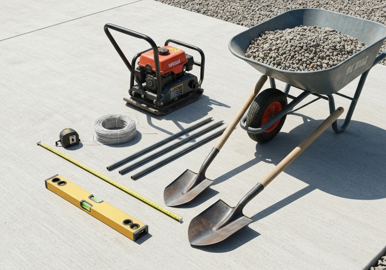 DIY patio tools—tape measure, stakes, mason’s line, compactor, shovels, level, and wheelbarrow of gravel/sand.