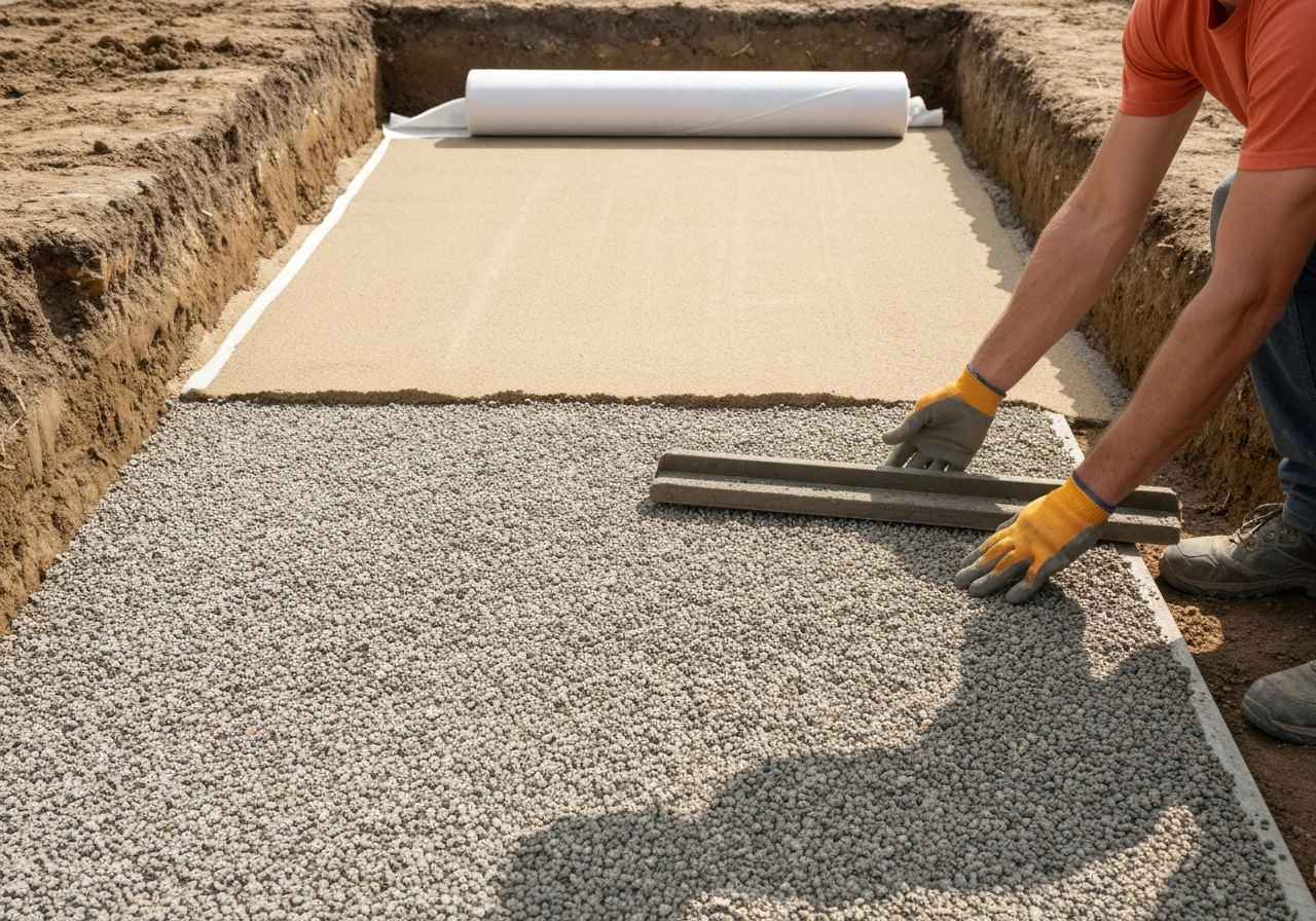 Gloved hands smoothing compacted gravel and bedding sand in an excavated patio base with geotextile in place.