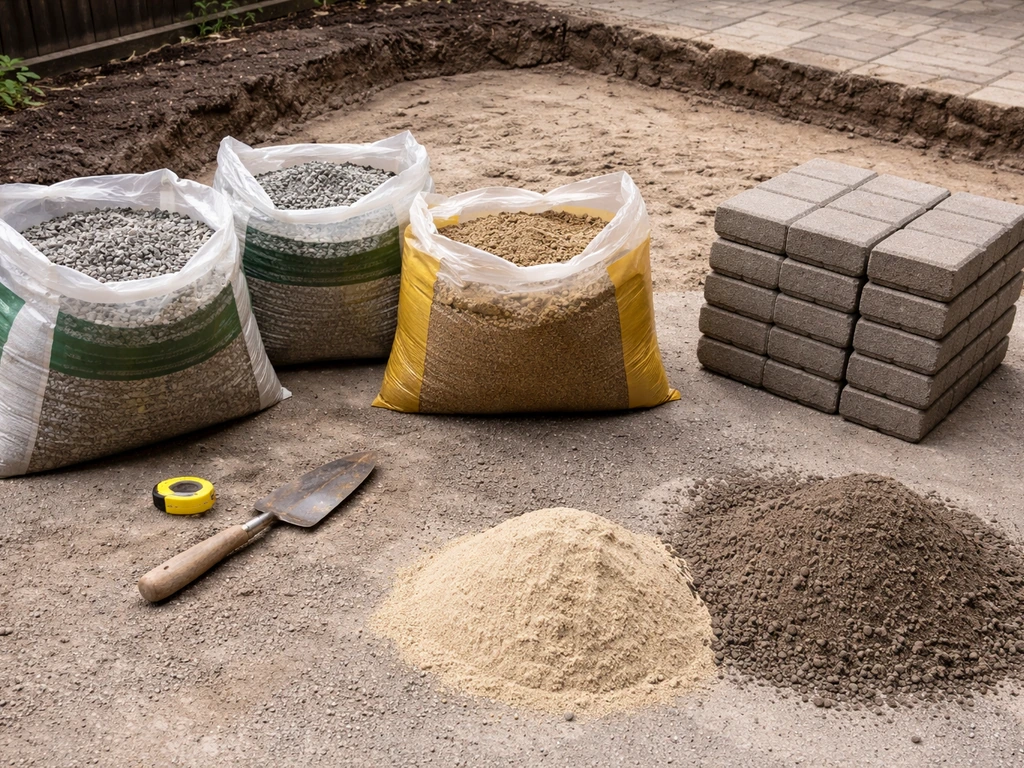 Bags of gravel and bedding sand beside stacked patio pavers, with a contrasting fine sand pile.
