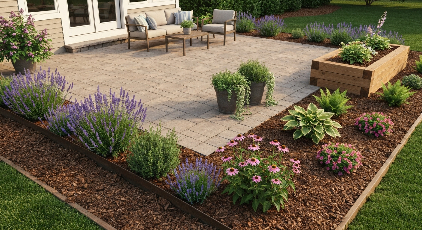 Patio with layered planting beds: sun-loving lavender and coneflowers on the sunny side, hostas and ferns on the shady side, containers and a low raised planter; steel edging and mulch visible.